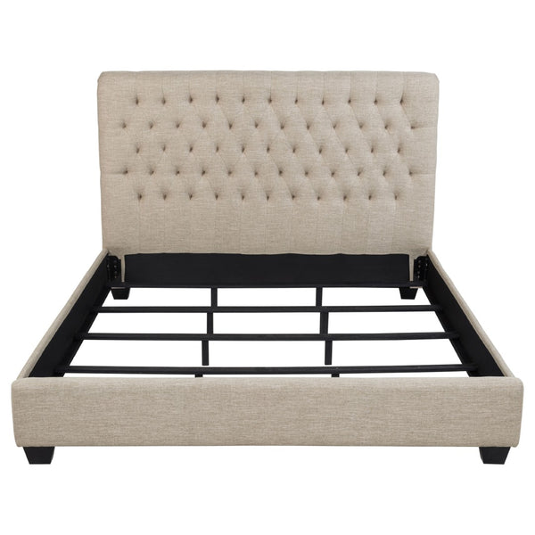 English Elm Oatmeal Tufted Upholstered California King Bed Espresso Birch Legs Open Silhouette B062S01846