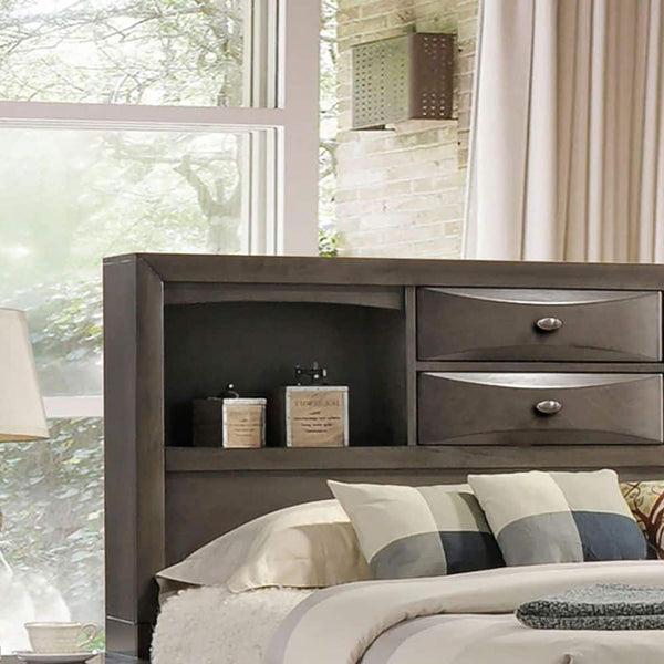English Elm Contemporary Queen Size Bed With Storage Drawers & Headboard Bookcase In Elegant Gray Finish B2741S00562