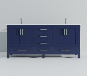 English Elm Navy Blue Double Bath Vanity 72" Wide With White Quartz Top, Faucet Set & Ample Storage Solutions B2731P259115