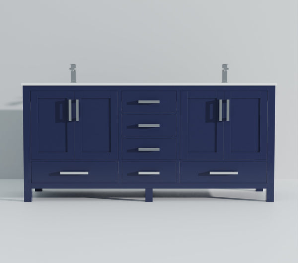 English Elm Navy Blue Double Bath Vanity 72" Wide With White Quartz Top, Faucet Set & Ample Storage Solutions B2731P259115