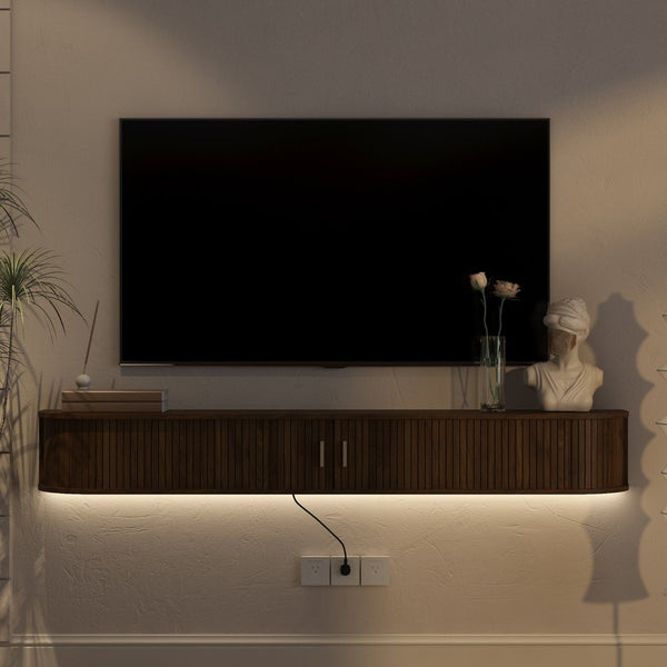 English Elm Floating Wall Mounted Media Console with Led Backlighting Mid-century Curved Design Brown W1321P476922