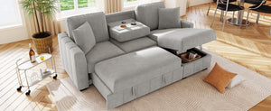English Elm U_style Modular Sectional Sleeper Sofa with Storage Chaise and Cup Holders for Living Room Grey WY000467AAE