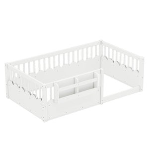 English Elm Twin Low Profile Kids Floor Bed Pine Wood Frame with Safety Rail and Built in Bookshelf White W1580P373134
