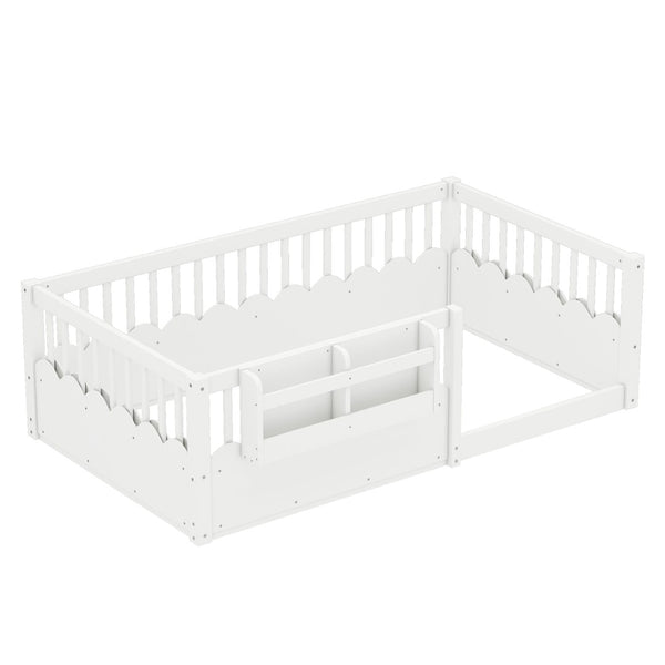 English Elm Twin Low Profile Kids Floor Bed Pine Wood Frame with Safety Rail and Built in Bookshelf White W1580P373134