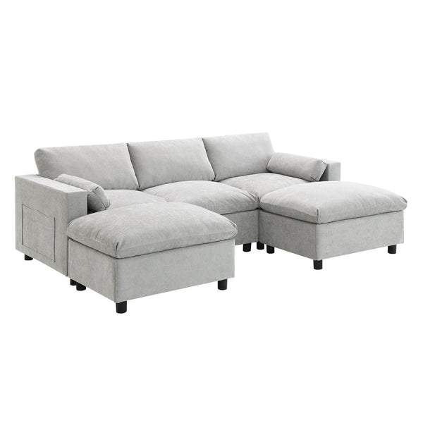 English Elm 86.5'' Chenille Modular Sectional Sofa with Storage Pockets, 5-Seat U-Shaped Cloud Sofa with Ottomans & Pillows Medium grey N723S8723C