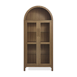 English Elm A high arched storage cabinet with lamp and adjustable glass shelves, modern retro MDF poplar display cabinet with LED accent lighting for kitchen and living room storage elegance Brown W487P358611