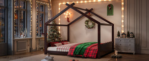 English Elm Queen House Frame Floor Bed Solid Pine Montessori Low Profile Kids Bedroom Espresso W1580P387850