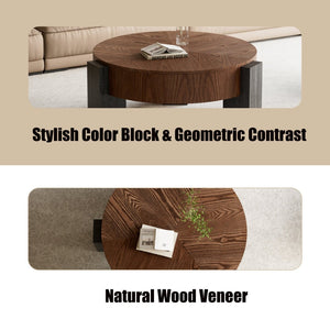 English Elm 33'' Round Coffee Table Parquet Veneer Flip Top Hidden Storage Wabi-sabi Living Room Walnut+Black W1435P419321