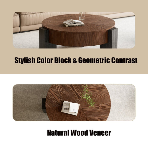 English Elm 33'' Round Coffee Table Parquet Veneer Flip Top Hidden Storage Wabi-sabi Living Room Walnut+Black W1435P419321