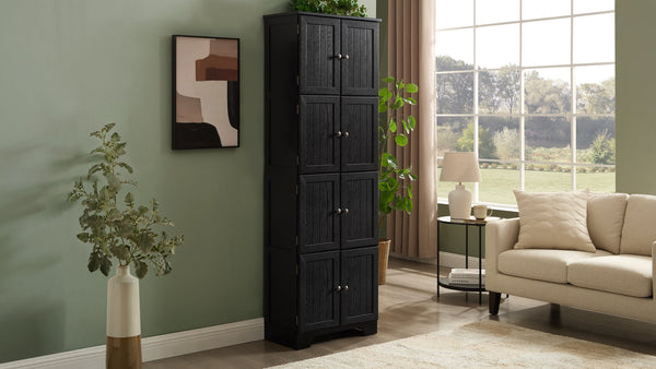 English Elm 72.4" Tall Storage Cabinet with 8 Doors and 4 Shelves, Elegant Oak Finish Freestanding Organizer for Entryway Black W1758P300141
