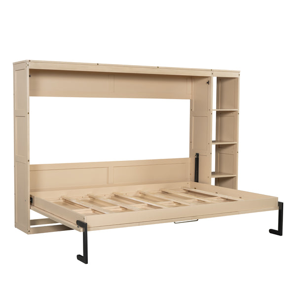 English Elm Full Full Size Murphy Bed with Bookshelf and Fold-Down Work Surface, Space-Saving LVL/MDF Design Natural GX002220AAN