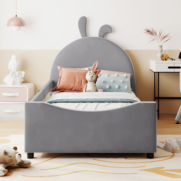 English Elm Twin Velvet Daybed with Sculptural Rabbit Ear Headboard for Kids or Guest Rooms Gray N737P380205E