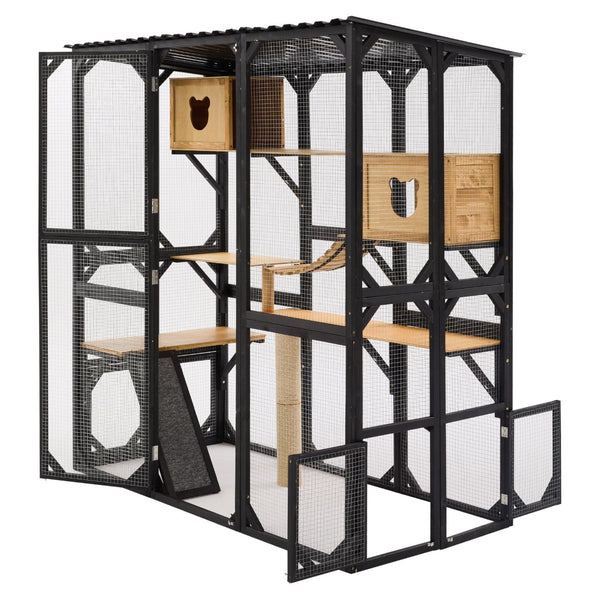 English Elm Outdoor Fir Wood Window Catio Enclosure with Four Climbing Platforms for Cats Black,Natural N719P418377N