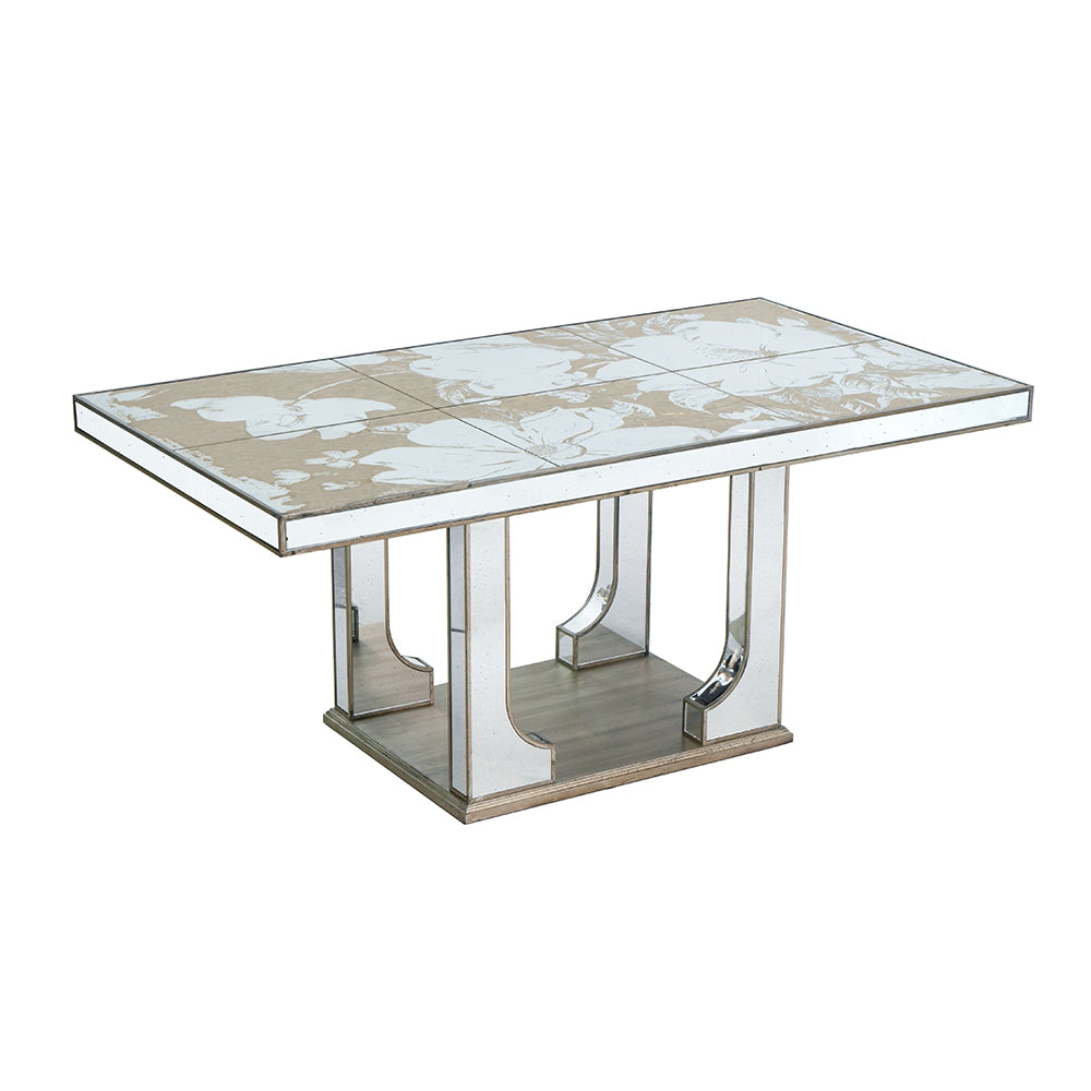 English Elm 71x39.5x31.5" Mirrored Dining Table with Lifelike Floral Motifs, Seats 6-8, Silver Glam Accent Surface W2078P248213