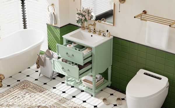 English Elm 24'' Vintage Bathroom Vanity with Ceramic Sink Soft Close Drawers Open Shelf Green N710P411237F