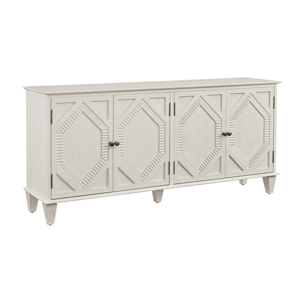 English Elm 65.2" Mid Century Sideboard Buffet with Fluted Geometric Doors, Spacious Adjustable Shelves & Brass Accents Antique White W1801P346230