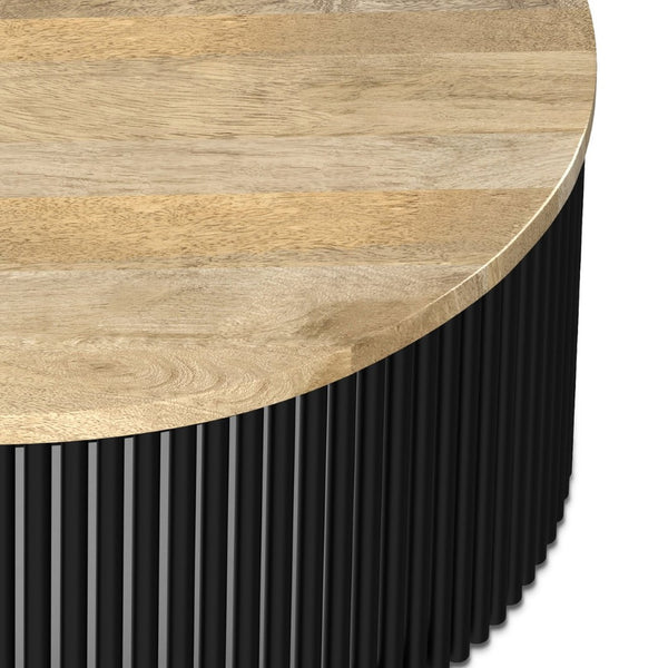 English Elm Demy Solid Mango Wood Round Coffee Table with Slatted Iron Base for Modern Living B136P429100