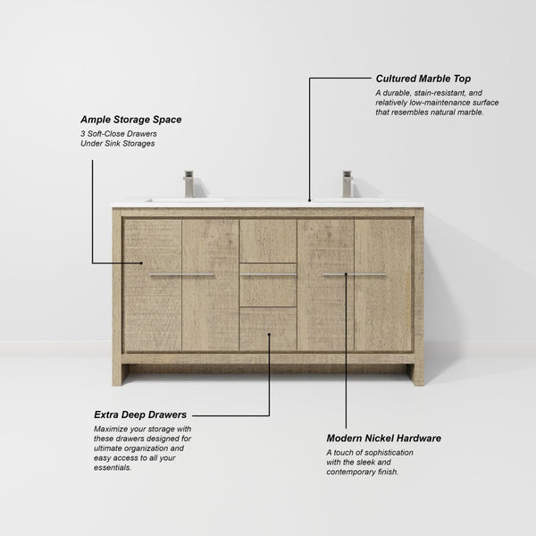English Elm Rustic Acacia Double Bath Vanity 60" W X 20" D With Cultured Marble Top & Stylish Gun Metal Faucet Set B2731P259461-GIGA