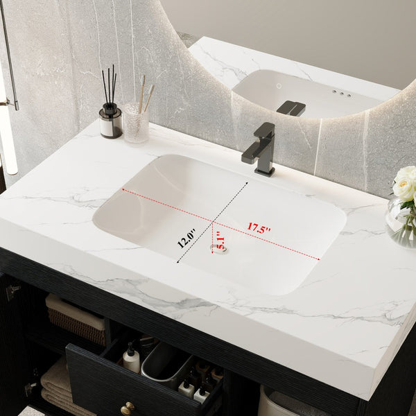 English Elm 36" Freestanding Bathroom Vanity Sintered Stone Top Ceramic Sink Stainless Steel Legs Black,Gold,White W3136S00072