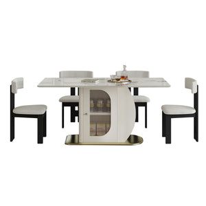 English Elm 63 Modern 5-Piece Dining Set with Burnt Sintered Stone Top, Gold Solid Wood Base & Velvet Chairs W2700S00066