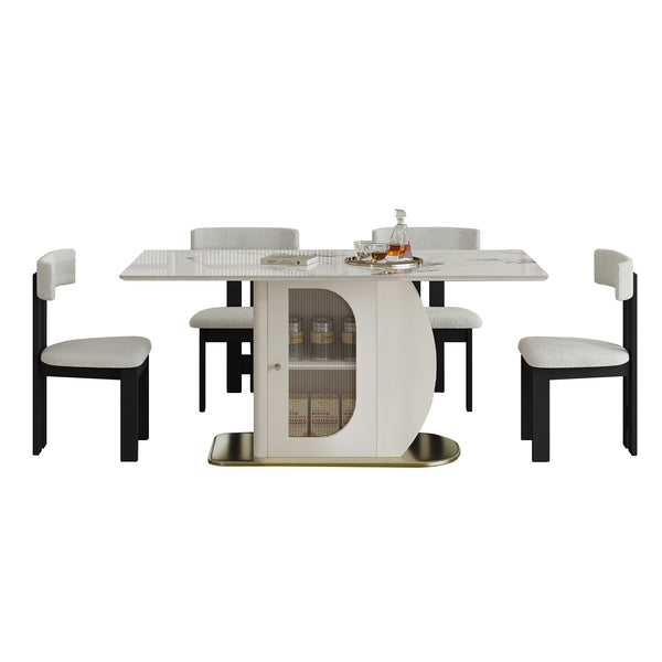 English Elm 63 Modern 5-Piece Dining Set with Burnt Sintered Stone Top, Gold Solid Wood Base & Velvet Chairs W2700S00066