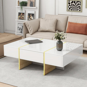 English Elm ON-TREND 47.2" x 31.4" High-Gloss Minimalist Coffee Table with 2 Drawers, Golden Wood-Grain Legs, Modern Centerpiece for Living Room White N721P180693K