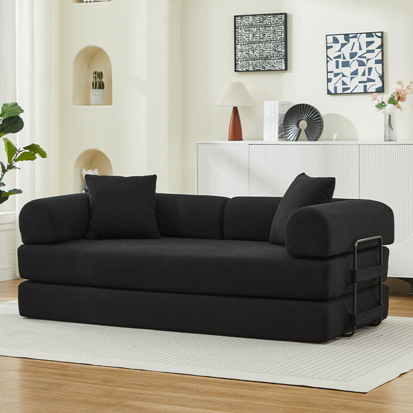 English Elm Folding Sofa Bed Corduroy 3-Seater Convertible Couch Bed with Foam Spring Mattress and Pillows for Living Room Black W2915P343896