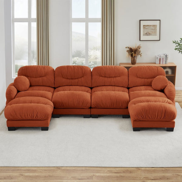 English Elm Pleated Chenille U-shape Modular Sectional Sofa with Ottomans and Ergonomic Foam Cushions Orange W5656S00072