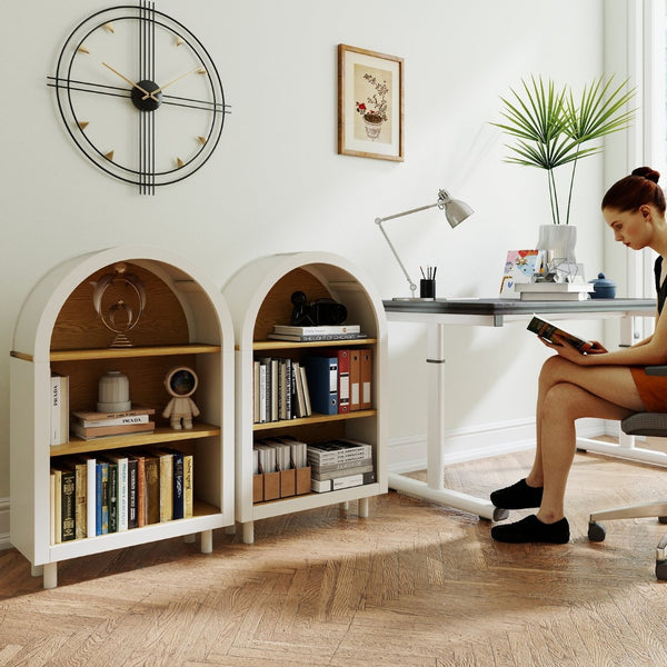 English Elm Arched Bookcase Set of 2 Three Tier Mdf Shelving with Warm Woodgrain Accent W2557P475972