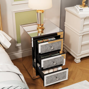 English Elm 3-Drawer Mirrored Nightstand with Crystal Knobs, Glitter Drawers, Silent-Glide Storage Accent Table W3836P362100