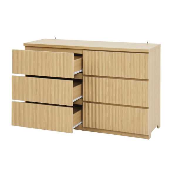 English Elm 6 Drawer Storage Cabinet Natural - 6-Drawer Wide Dresser with Wavy Panel, Handless Modern Organizer for Bedroom W409P263831
