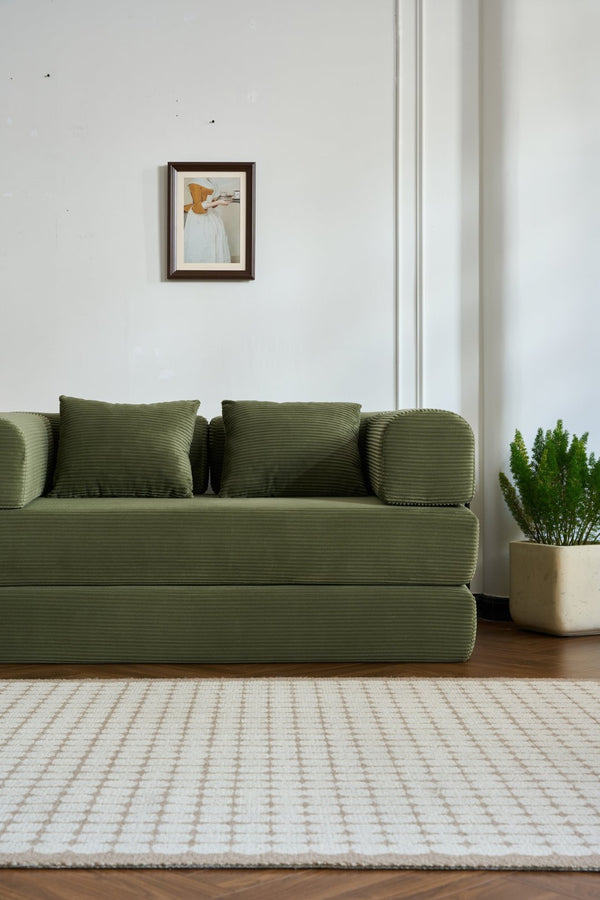 English Elm 59'' Corduroy Convertible Floor Sofa Sleeper with Bolster Pillow for Small Spaces Green W3434P406617