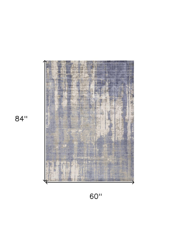 HomeRoots 5' Gray and Ivory Abstract Hand Loomed Area Rug - Soft Viscose Pile for Modern Elegance and Comfort 5' X 7' 350031