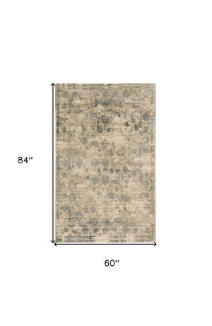 HomeRoots 5' Hand Loomed Beige and Blue Floral Medallion Area Rug – Artisanal Charm for Your Living Space 5' X 7' 350034