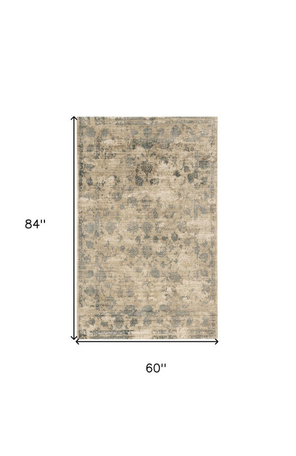 HomeRoots 5' Hand Loomed Beige and Blue Floral Medallion Area Rug – Artisanal Charm for Your Living Space 5' X 7' 350034