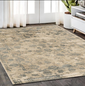 HomeRoots 5' Hand Loomed Beige and Blue Floral Medallion Area Rug – Artisanal Charm for Your Living Space 5' X 7' 350034