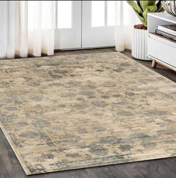 HomeRoots 5' Hand Loomed Beige and Blue Floral Medallion Area Rug – Artisanal Charm for Your Living Space 5' X 7' 350034