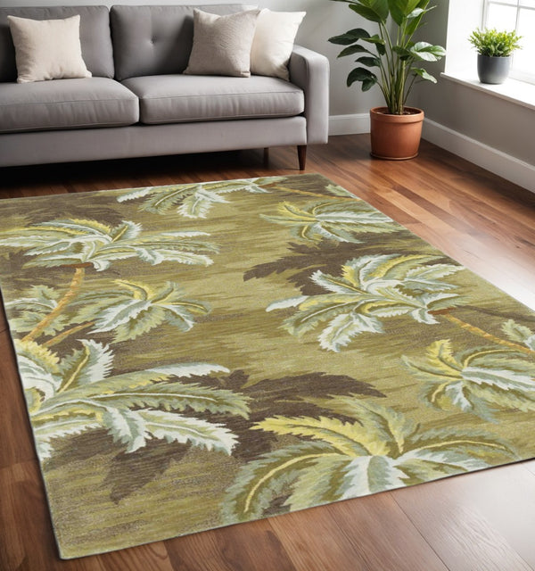 HomeRoots 5' Tropical Botanical Wool Area Rug in Moss Green and Yellow - Hand-Tufted Elegance for Your Home 5' X 8' 350035