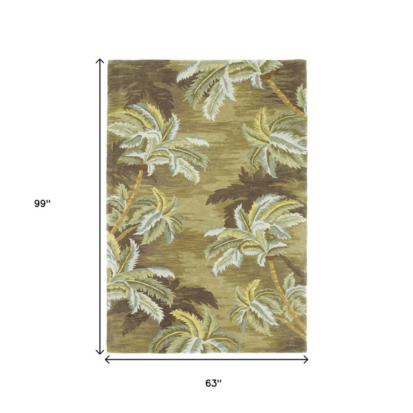 HomeRoots 5' Tropical Botanical Wool Area Rug in Moss Green and Yellow - Hand-Tufted Elegance for Your Home 5' X 8' 350035