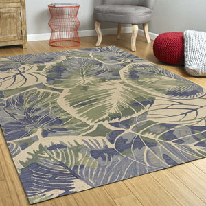 HomeRoots 5' Tropical Botanical Wool Area Rug in Blue Green Beige – Hand-Tufted, Stylish Comfort for Your Home 5' X 8' 350036