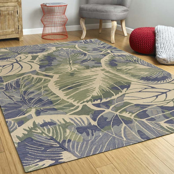 HomeRoots 5' Tropical Botanical Wool Area Rug in Blue Green Beige – Hand-Tufted, Stylish Comfort for Your Home 5' X 8' 350036