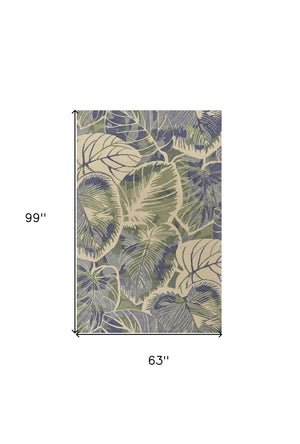 HomeRoots 5' Tropical Botanical Wool Area Rug in Blue Green Beige – Hand-Tufted, Stylish Comfort for Your Home 5' X 8' 350036