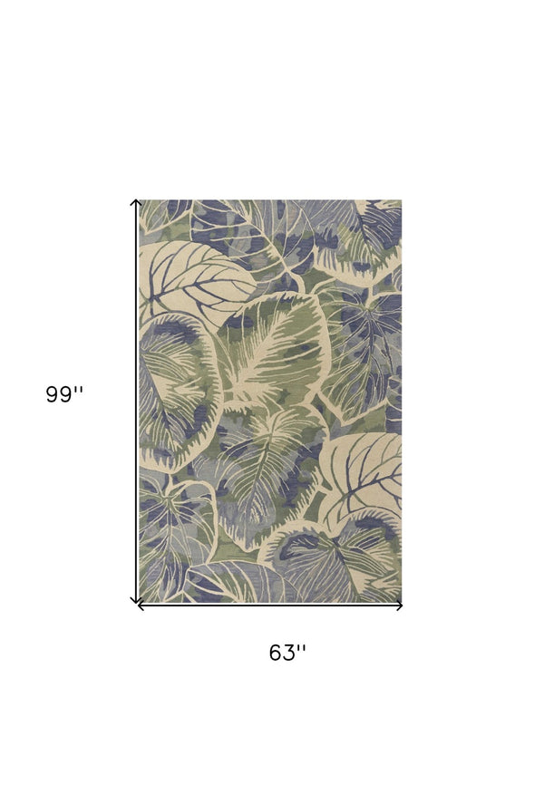 HomeRoots 5' Tropical Botanical Wool Area Rug in Blue Green Beige – Hand-Tufted, Stylish Comfort for Your Home 5' X 8' 350036