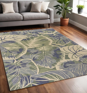 HomeRoots 5' Tropical Botanical Wool Area Rug in Blue Green Beige – Hand-Tufted, Stylish Comfort for Your Home 5' X 8' 350036