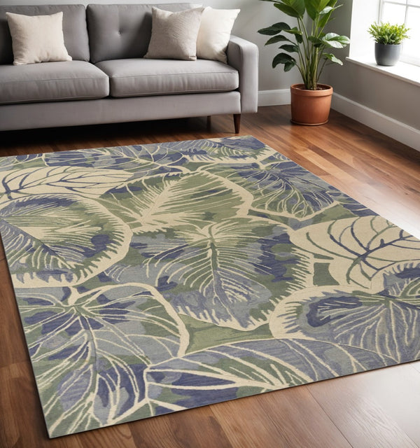 HomeRoots 5' Tropical Botanical Wool Area Rug in Blue Green Beige – Hand-Tufted, Stylish Comfort for Your Home 5' X 8' 350036