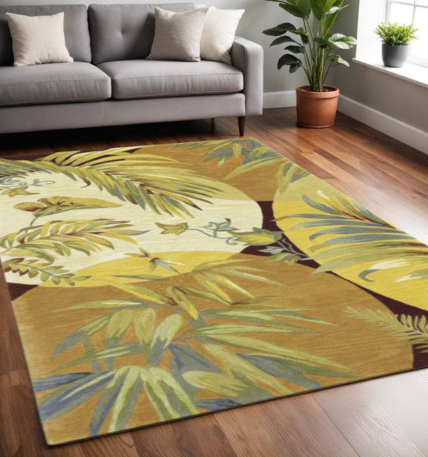 HomeRoots 5' Coral Green and Ivory Hand-Tufted Wool Area Rug with Tropical Botanical Design for Elegant Spaces 5' X 8' 350037