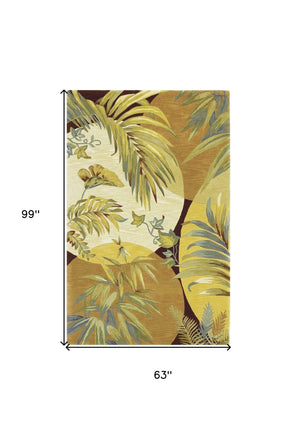 HomeRoots 5' Coral Green and Ivory Hand-Tufted Wool Area Rug with Tropical Botanical Design for Elegant Spaces 5' X 8' 350037