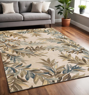 HomeRoots 5' Hand-Tufted Wool Area Rug with Botanical Leaves in Ivory, Brown, and Blue – Artisan Crafted Elegance 5' X 8' 350038