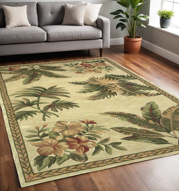 HomeRoots 5' Tropical Botanical Wool Area Rug - Hand-Tufted Ivory, Green & Brown - Elegant Home Accent 5' X 8' 350039