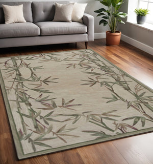HomeRoots 5' Luxurious Hand-Tufted Wool Area Rug with Serene Botanical Leaf Design in Ivory, Green, Brown 5' X 8' 350042